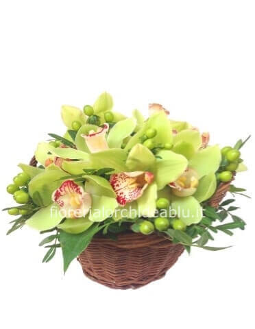 Cestino o ciotola con fiori di orchidea cymbidium.