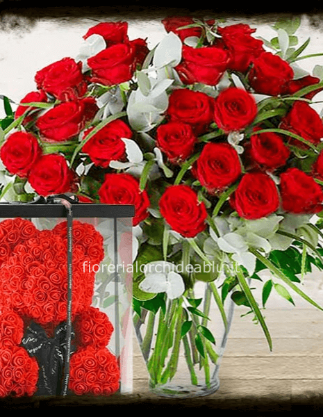 Rose rosse e orso con rose artificiali » Fiori a Sant'Ilario d'Enza.  Fiorista a Sant'Ilario d'Enza per acquisto, invio e consegna a domicilio di  fiori e piante.