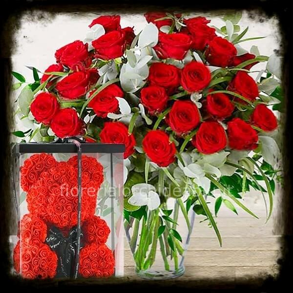 Rose rosse e orso con rose artificiali » Fiori a Sant'Ilario d